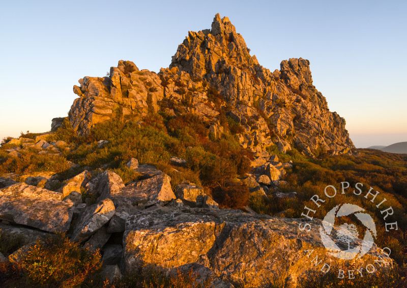 The Devil's Chair on the Stiperstones glowing red at sunrise, Shropshire.