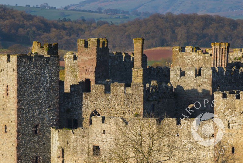 Evening sun highlights the stone walls of Ludlow Castle, Shropshire.
