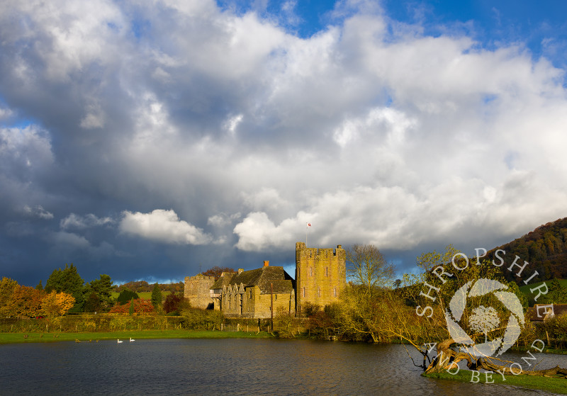 Stormy skies over Stokesay Castle in autumn, Shropshire.
