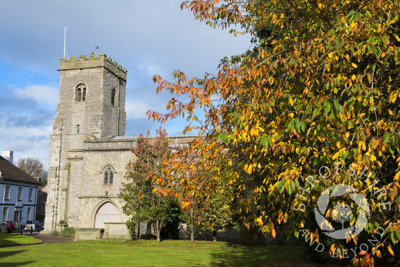 Autumn at Holy Trinity Church in Much Wenlock, Shropshire, England.