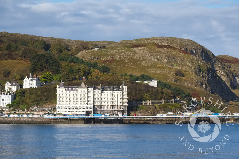 View of the sea and the Grand Hotel beneath the Great Orme at Llanduno, Conwy, Wales.