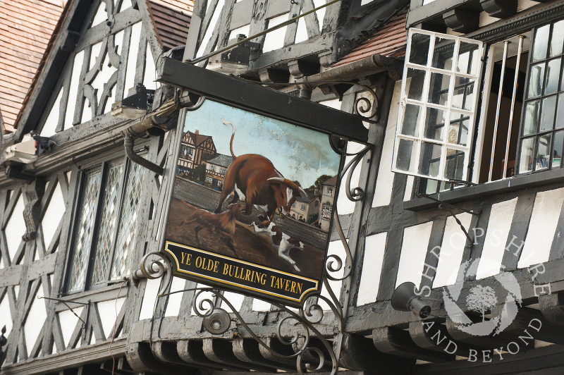 The sign outside Ye Olde Bull Ring Tavern in Ludlow, Shropshire, England.