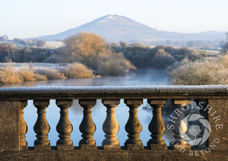 A frosty view of the Wrekin seen from Cressage Bridge, Shropshire.