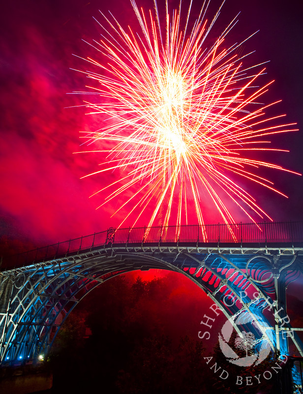 Fireworks over the Iron Bridge at Ironbridge, Shropshire, England.