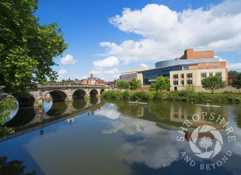 Theatre Severn and Welsh Bridge reflected in the River Severn, Shrewsbury, Shropshire, England.