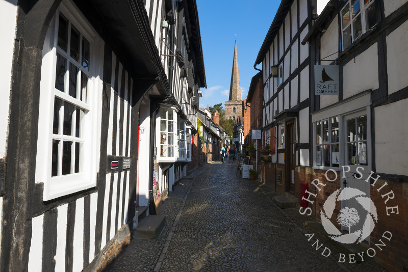 The cobbled Church Lane leading to St Michael and All Angels' Church in Ledbury, Herefordshire, England.