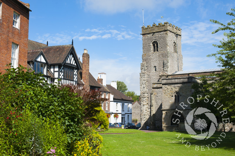 Holy Trinity Church and Guildhall in Much Wenlock, Shropshire, England.