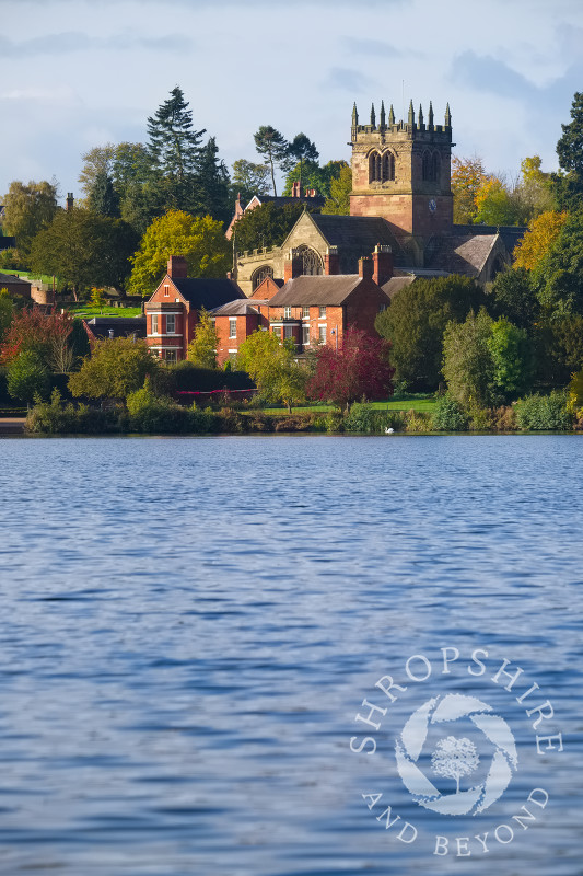 St Mary's Church and the Mere in autumn at Ellesmere, North Shropshire.