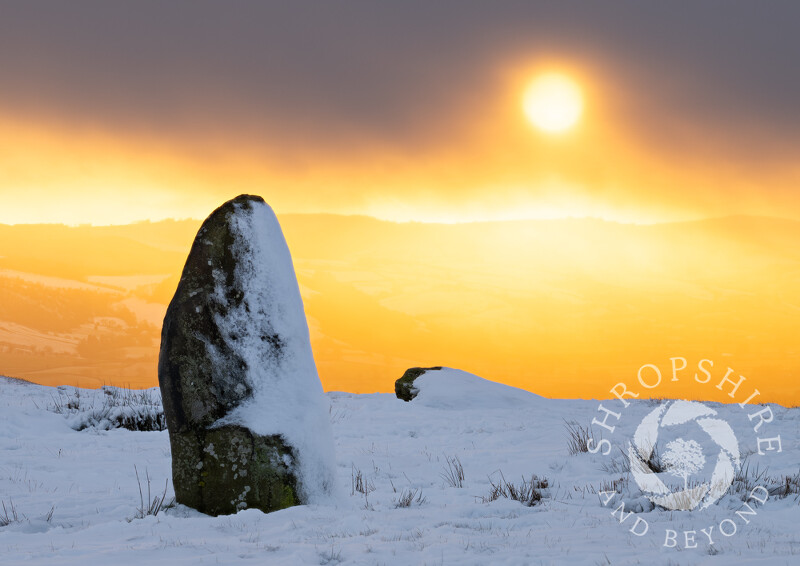 Winter sunset at Mitchell's Fold Stone Circle, Shropshire.