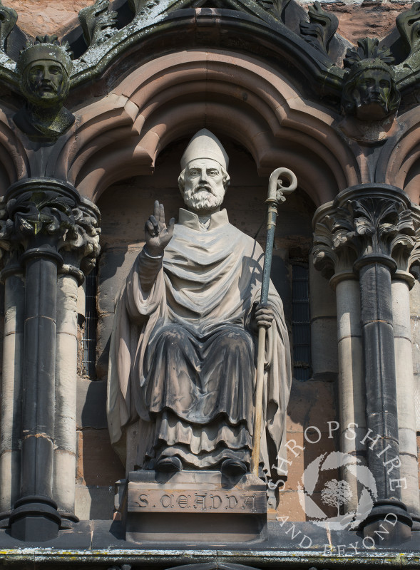 Statue of Caedda, also known as Chad Of Mercia, on the West Front of Lichfield Cathedral, Lichfield, Staffordshire, England.
