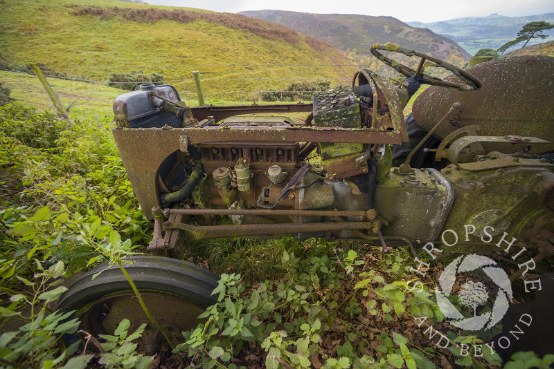 An abandoned Ferguson tractor lies in a field above Snailbeach on the Stiperstones, Shropshire.