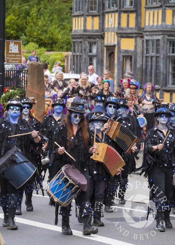 Boggart's Breakfast morris dancers in Shrewsbury Market Square during the annual folk festival, Shropshire.