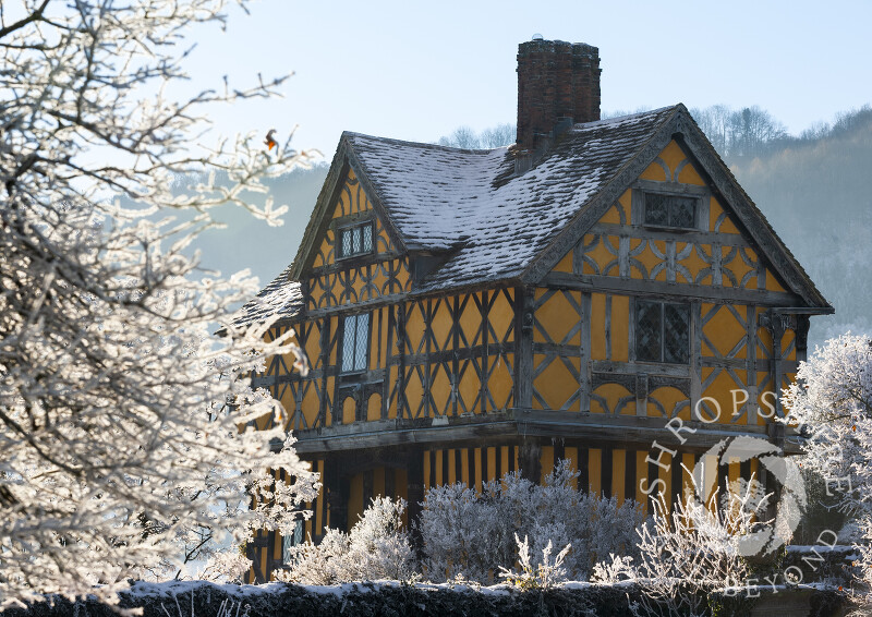 Hoar frost at the 17th century gatehouse of Stokesay Castle, near Craven Arms, Shropshire, England.