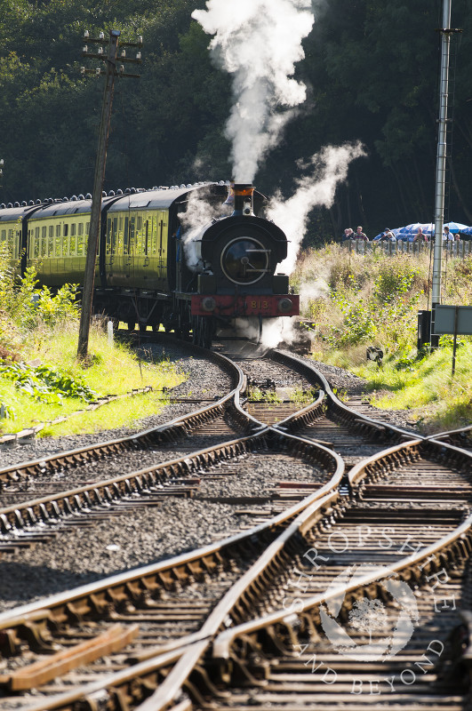 A GWR 813 0-6-0 saddle tank locomotive at Highley Station, Severn Valley Railway, Shropshire, England.