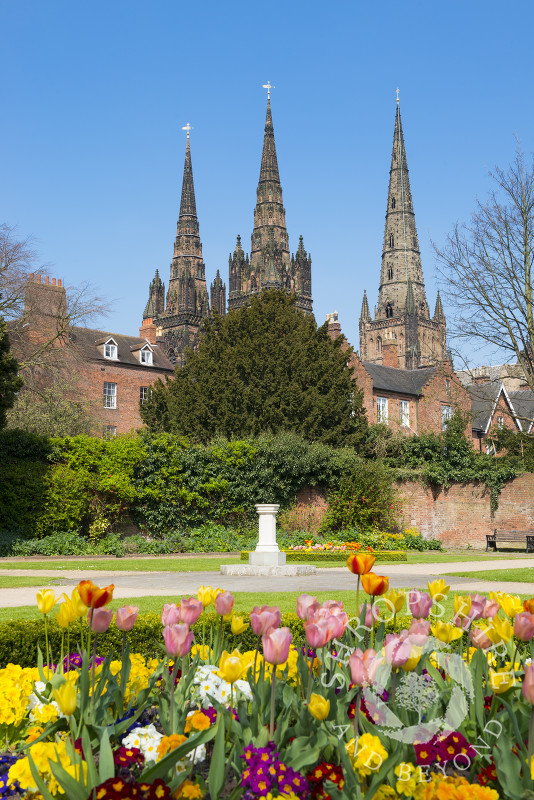Spring flowers in the Garden of Remembrance overlooked by the cathedral at Lichfield, Staffordshire, England.