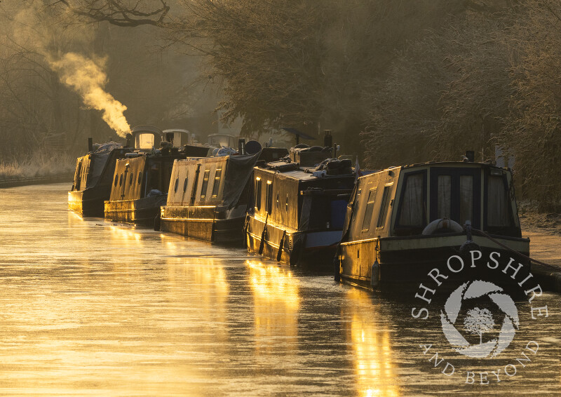 Sunrise on the frozen Llangollen Canal at Ellesmere, Shropshire.