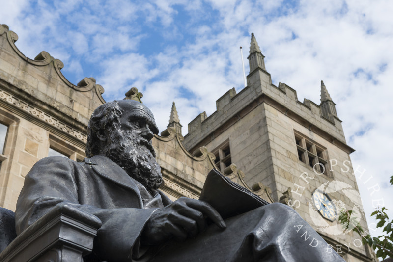 Statue of Charles Darwin outside the library in Shrewsbury, Shropshire, England.