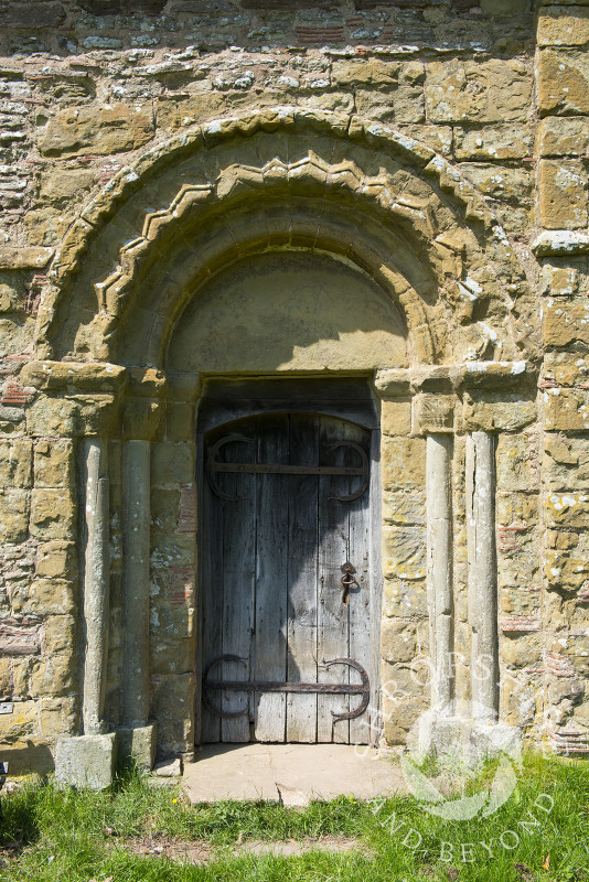 The doorway of 12th century Heath Chapel, near Bouldon, South Shropshire, England.