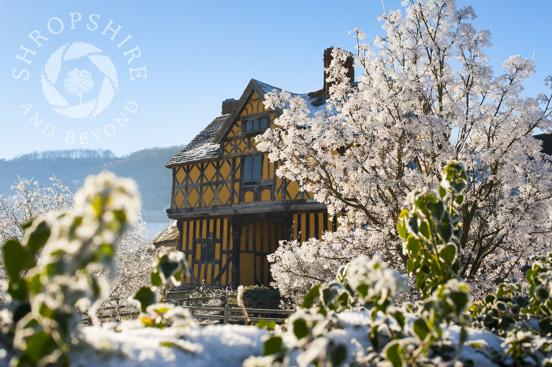 Hoar frost at the 17th century gatehouse of Stokesay Castle, near Craven Arms, Shropshire, England.