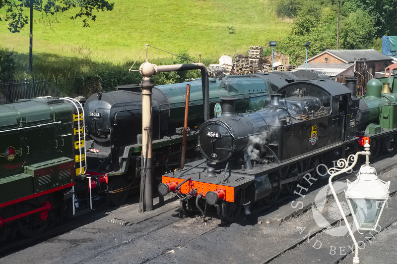 4566 GWR 2-6-2 small prairie and 34053 Battle of Britain class Sir Keith Park steam locomotives at Bridgnorth Station, Shropshire, on the Severn Valley Railway line.