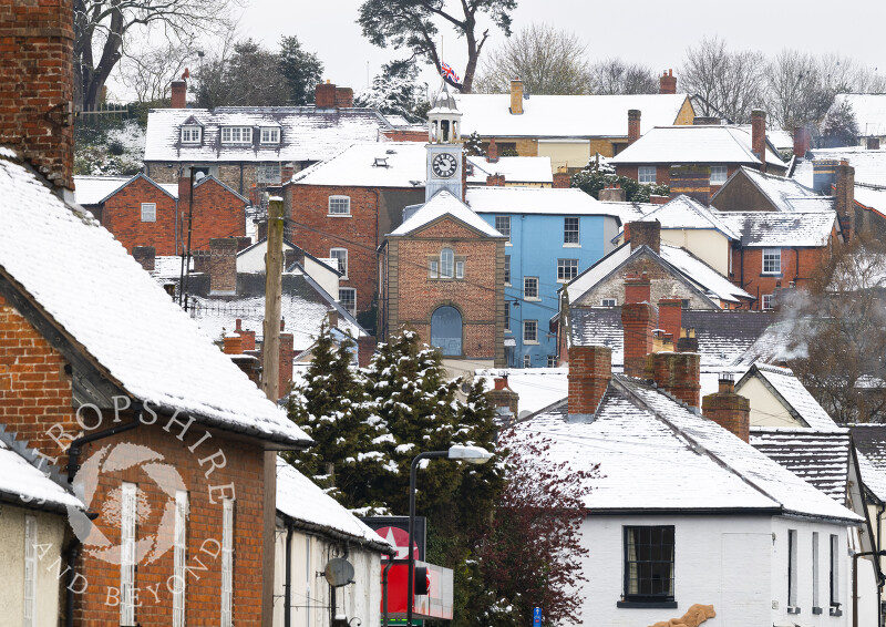 Snow-covered rooftops in Bishop's Castle, Shropshire.