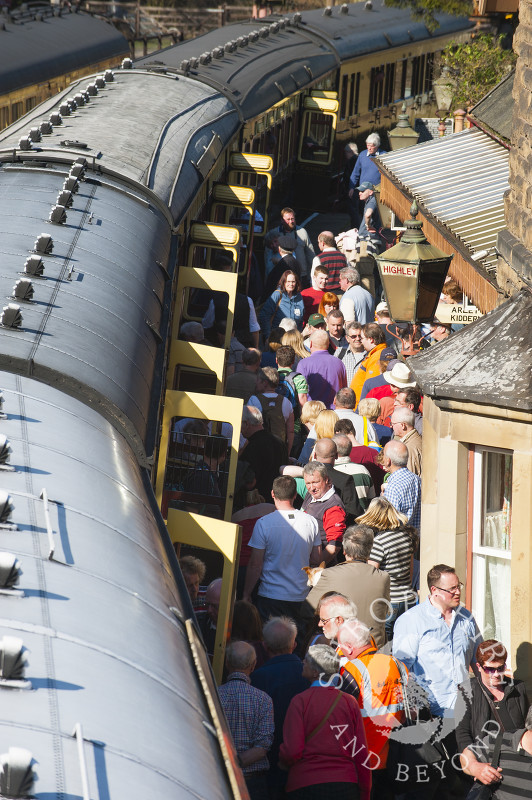 Passengers on the platform at Highley Station during the Spring Gala, Severn Valley Railway, Shropshire, England.