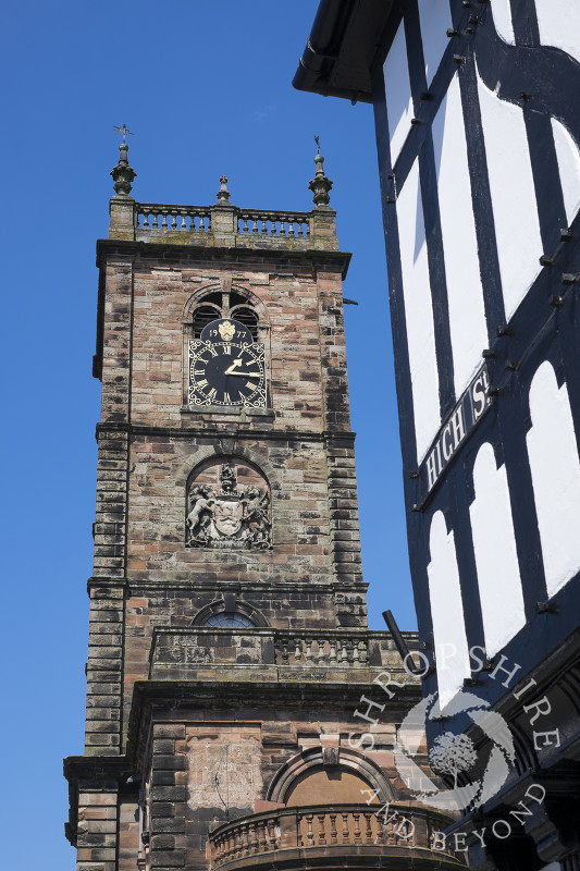 St Alkmund's Church and a half-timbered building in Whitchurch, Shropshire, England.