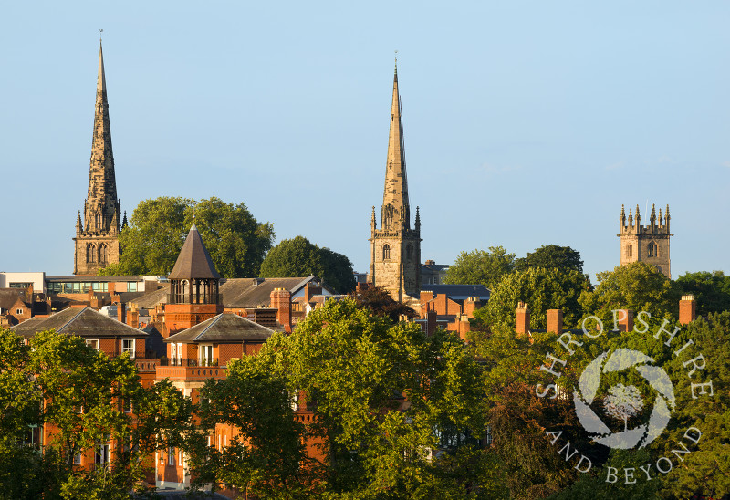 Evening light on the churches of St Mary, St Alkmund and St Julian, Shrewsbury, Shropshire.