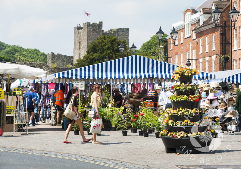 The busy street market in Castle Square, Ludlow, Shropshire.