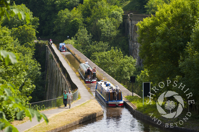 Narrowboats crossing Chirk Aqueduct, on the English/Welsh border.