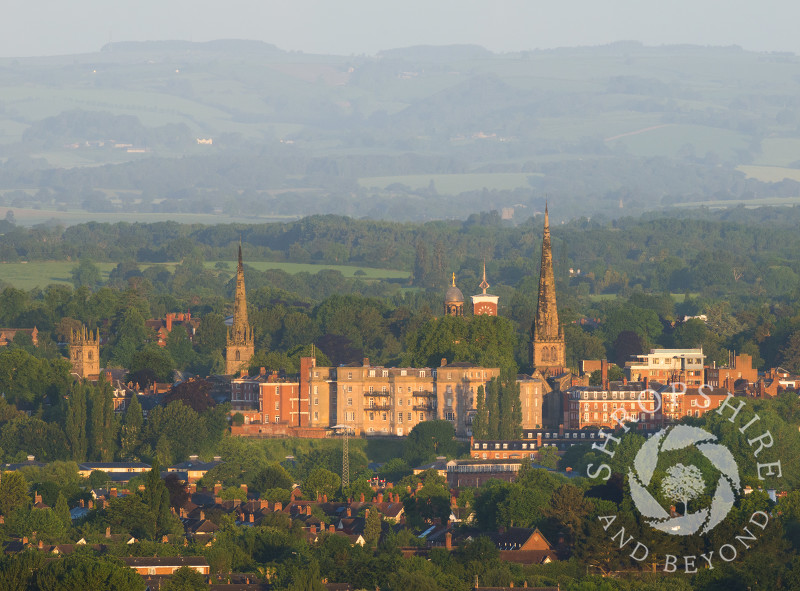 The spires and towers of Shrewsbury, Shropshire, seen from Haughmond Hill.