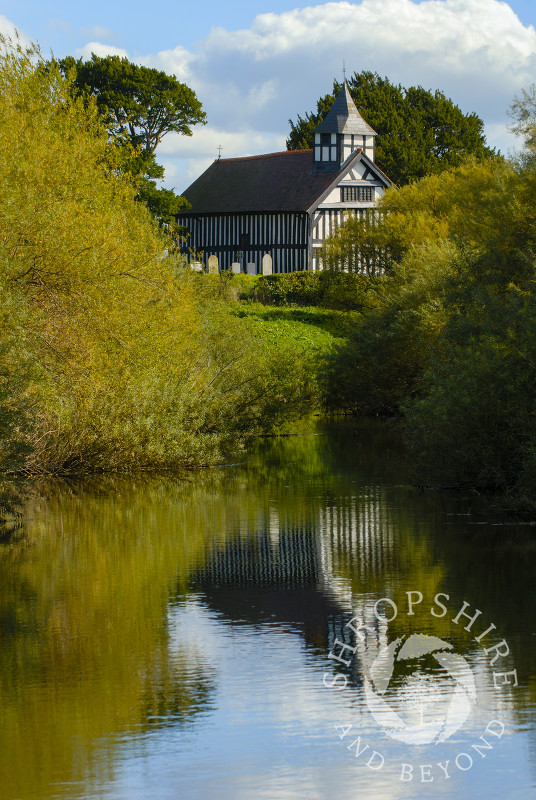 St Peter's Church and the River Vyrnwy at Melverley, Shropshire, England.