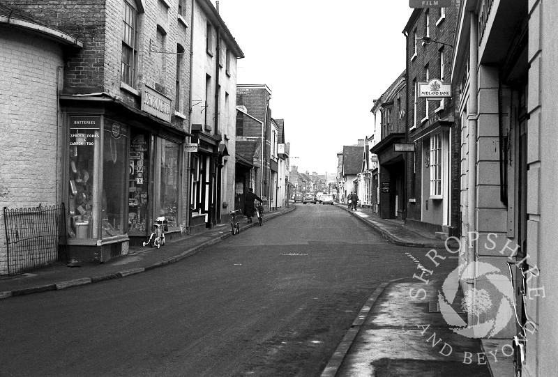 The view along Bradford Street, with John Bromley's ironmonger's shop, Shifnal, Shropshire, in 1965.