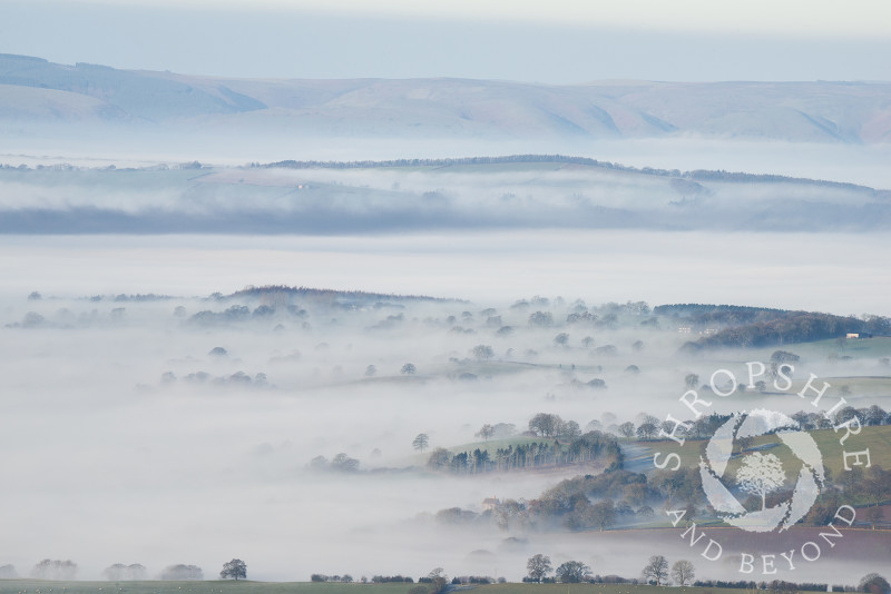 A layer of mist covers the south Shropshire countryside, with the Long Mynd in the distance, seen from Titterstsone Clee.