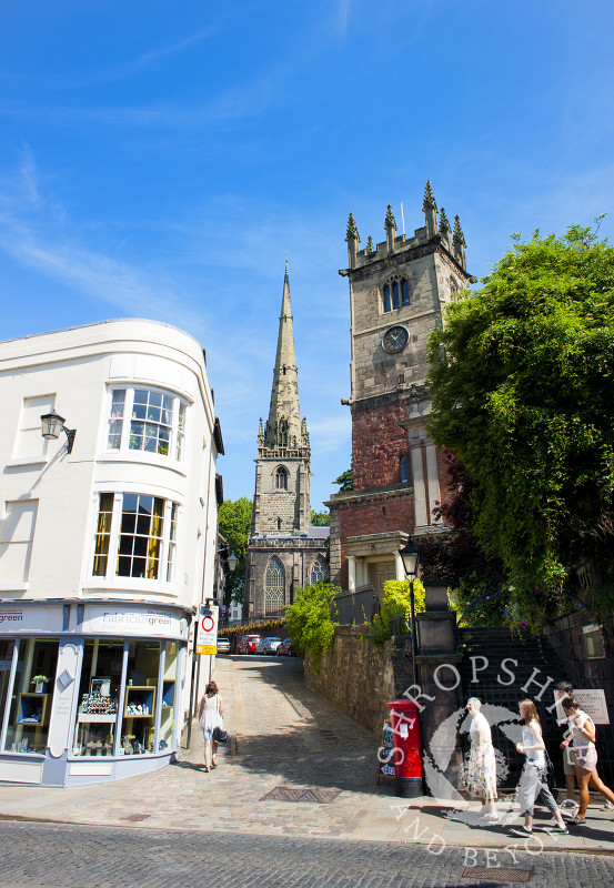The churches of St Alkmund and St Julian, seen from High Street, Shrewsbury, Shropshire, England.