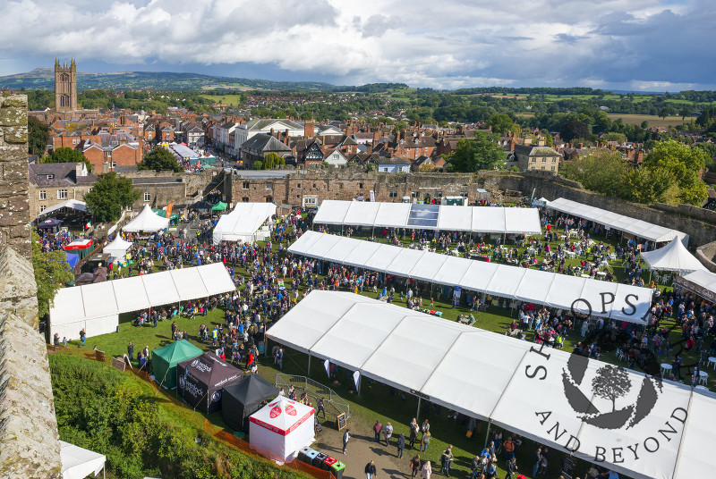 Ludlow Food Festival seen from the great tower of Ludlow Castle, Shropshire.