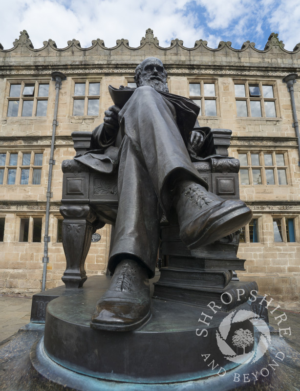 Statue of Charles Darwin outside the library in Shrewsbury, Shropshire, England.