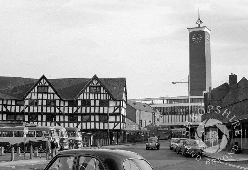 Rowley's House and the Market Hall in 1967, Shrewsbury, Shropshire, England.