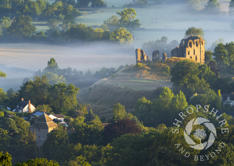 Clun Castle rises above the early morning mist, Shropshire.