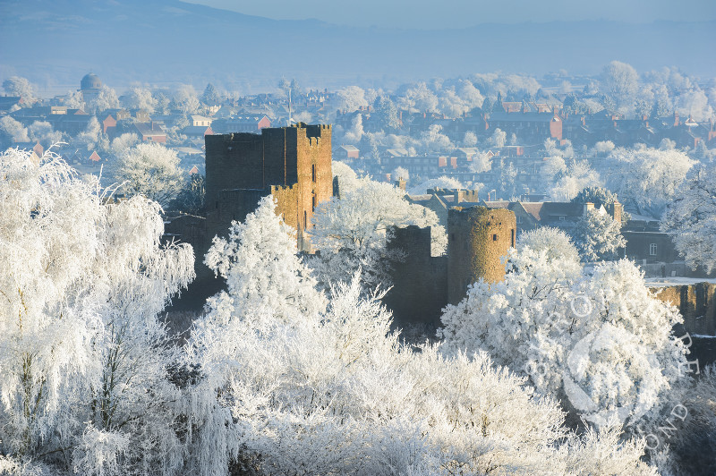 Ludlow Castle surrounded by hoar frost, Ludlow, Shropshire.