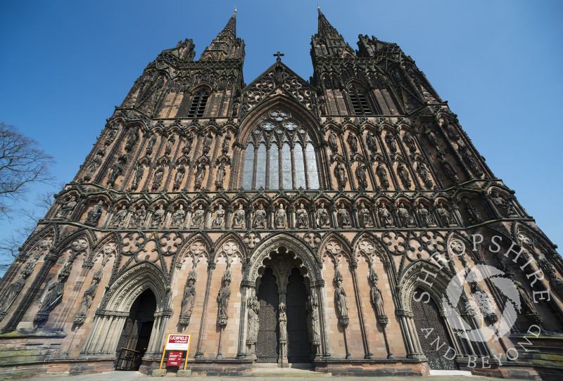 The ornate West Front of Lichfield Cathedral, Staffordshire, England.
