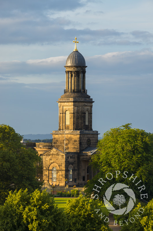 Evening sunlight on St Chad's Church and the Quarry in Shrewsbury, Shropshire.