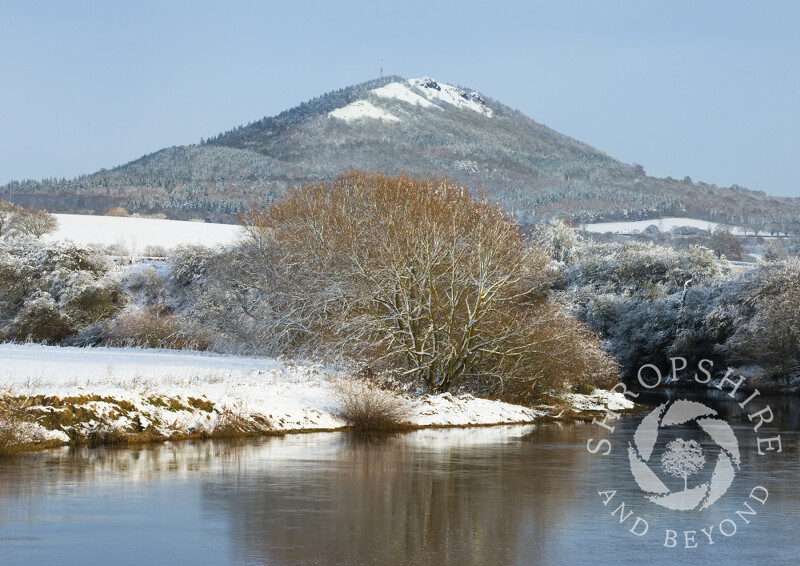 The Wrekin and River Severn seen from Cressage Bridge, Shropshire.