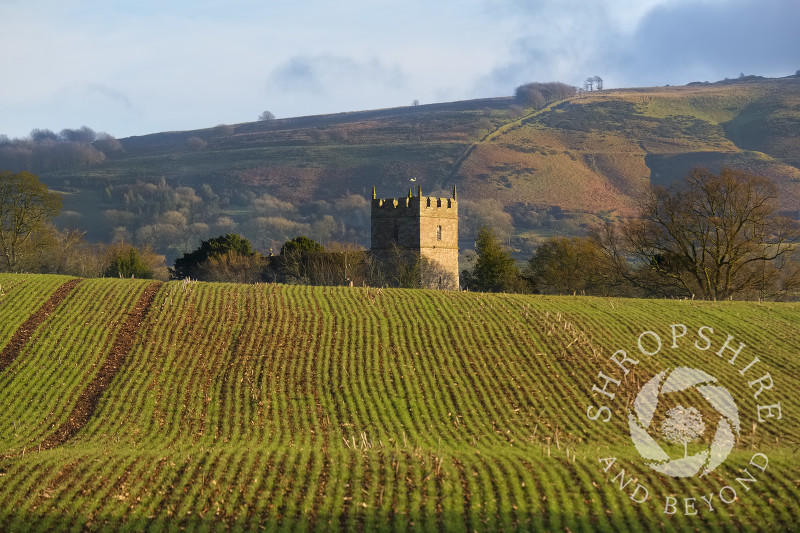 Holdgate Church beneath Brown Clee Hill in Shropshire.