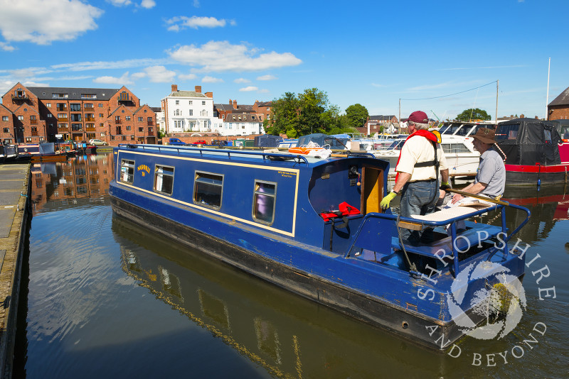 A narrowboat in the canal basin at Stourport-on-Severn, Worcestershire, England.