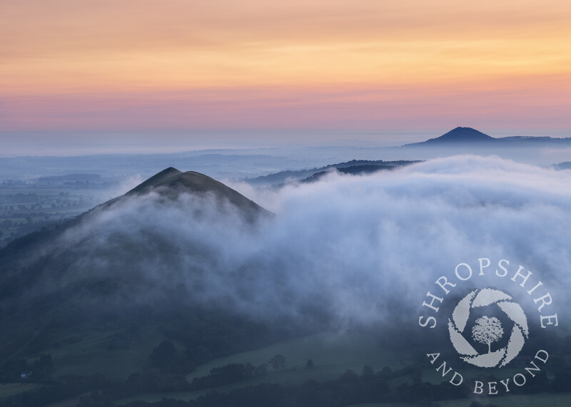 The Lawley and Wrekin at dawn, seen from Caradoc, Shropshire.