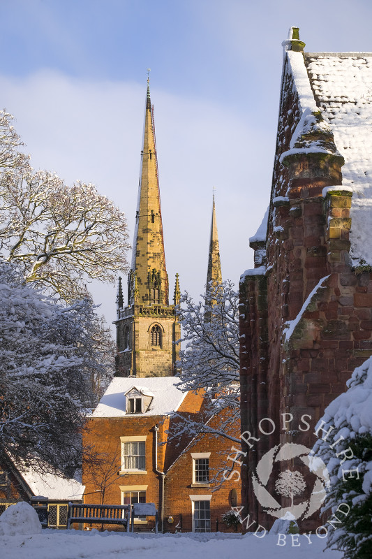 The spire of St Mary's Church seen from the  churchyard of old St Chad's, Shrewsbury, Shropshire.