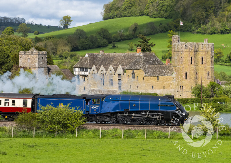 Sir Nigel Gresley pulls the Welsh Marches Express past Stokesay Castle, Shropshire.