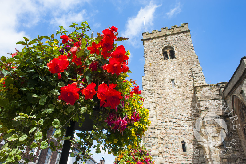 Flowers outisde Holy Trinity Church in Much Wenlock, Shropshire, England.