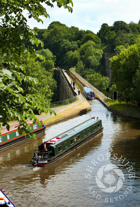 Narrowboats crossing Chirk Aqueduct, on the English/Welsh border.